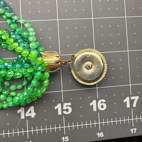 Vintage Multi-Strand Green Plastic Beaded Collar Necklace With Gold-Tone Ornate - Picture 8 of 8